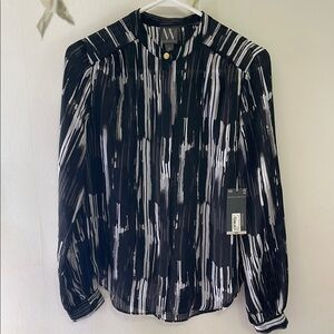 Worthington Sheer Black and White Blurry Lines Pattern Button Up Blouse